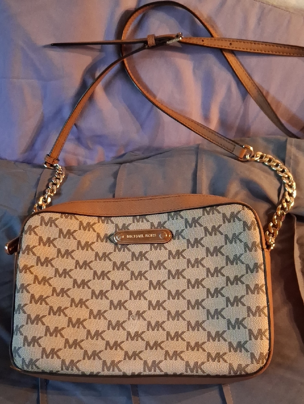 Michael Kors Tan and Brown MK Logo Crossbody with Gold Chain